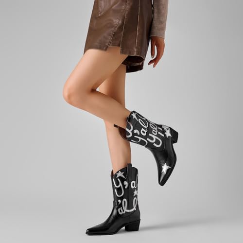 Image of Metallic Cowboy boots for Women Embroidered Mid Calf Womens Cowgirl Boots Western Pointed Toe Chunky Heel