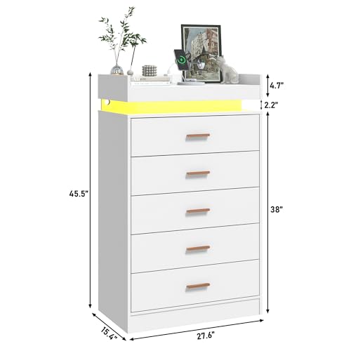 Image of jiteentarou 5 Drawer Dresser with Charging Station and LED Lights, Modern Chest of Drawers with Power Outlet, Organizer Cabinet for Bedroom, Living Room, Entryway, White