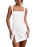 Oumrdeo Women’s Sexy Sleeveless Summer Square Neck Ruched Bodycon Split Tank Club Party Mini Tennis Dress White M