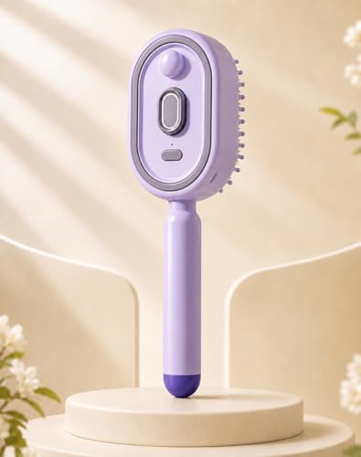 Electric Spray Air Cushion Massage Comb Self-Cleaning Anti-Tangle Hair Brush Anti-Static Volumizing Mist Brush Rechargeable Scalp Comb for Frizz Control Smooth Shine & Daily Care (Purple)