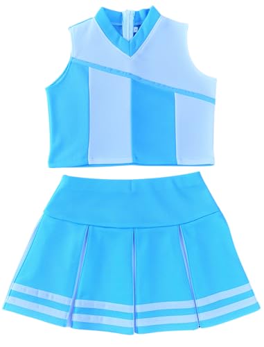 Total 2550 Little Girls' Kids Children Dress V-Neck Cheerleader Costume Uniform Cheerleading Outfit Halloween Lightblue/White (XXL / 14-16)