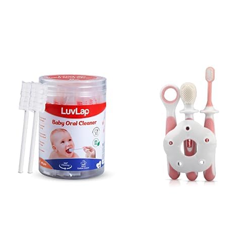 LuvLap 40pcs Oral Care Disposable Mouth Swabs for Cleaning Tooth, Swabsticks Baby Tongue Cleaning, 0 & LuvLap Baby Training Toothbrush Set with Anti Choking Shield, Teeth & Tongue Cleaner-image-4