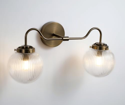 Image of Vintage Gooseneck 2 Light Bathroom Vanity Light Ribbed Glass Globe Antique Bronze Finish Bathroom Light Fixture (Bulb Included)