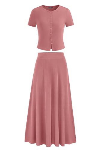 PRETTYGARDEN Women's 2 Piece Skirt Sets Summer Short Sleeve Button Up Knit Crop Top Flowy Maxi Skirts Travel Vacation Outfits