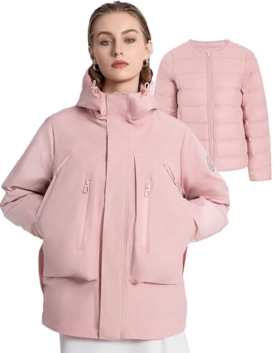 LOLA PIU Women's Lightweight Water-Resistant Down Puffer Coat,Outdoor Hiking 3 in 1 Waterproof Rain...