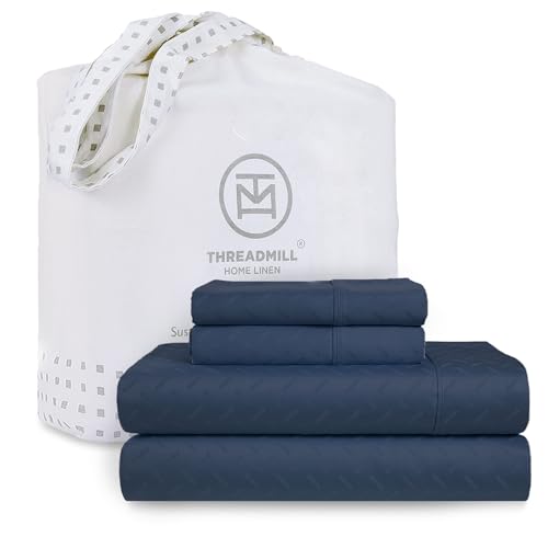 Image of Threadmill 300TC Cotton Queen Sheet Set, Sateen, Jacquard, Folkstone Blue