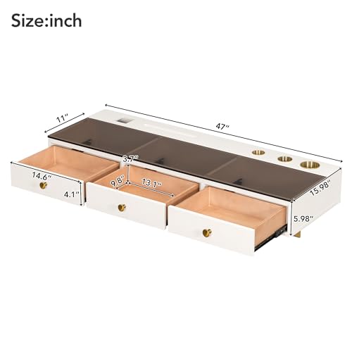 Image of JIVOIT Multi-Purpose Wall-Mounted Vanity Table, 47 inch Floating Shelf with Three Drawers, Electronic Equipment Holder, Mounted Desk, Floating Table for Bedroom, Bathroom, Hairdressers