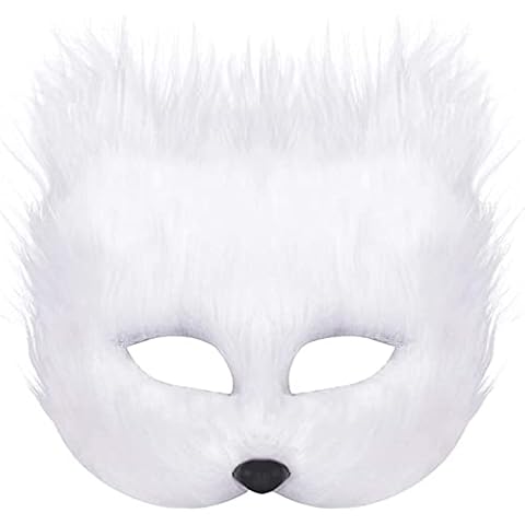Halloween Fox Mask Faux Fur Fox Cat Masquerade Mask Furry Animal Cosplay Half Face Mask Veil Fancy Dress Eye Mask Halloween Party Mask Carnival Makeup Prop Gift,White Cover