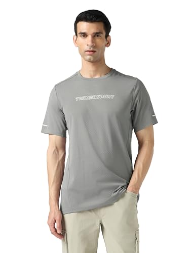 Image of TECHNOSPORT Men's Printed Slim Fit Henley Neck T-Shirt ELASTOLITE Half Sleeve Slip On Polyester for Gym Running Workout UPF50+ Anti Odour