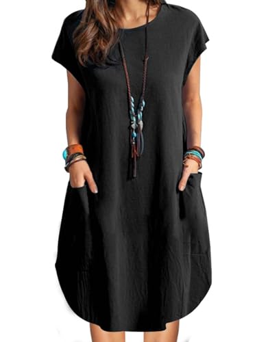 ZANZEA Leinenkleid Damen Sommer Casual Rundhals Kurzarm Strandkleid Knielang Leicht Minikleid Schwarz XXL