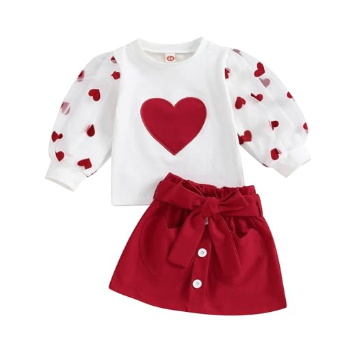 PENNSOY Kids Toddler Baby Girl Skirt Set Outfits Lace Puff Sleeve Shirts Heart Sweatshirt with Red Skirt 2Pcs Set (Ivory White, 2-3T)