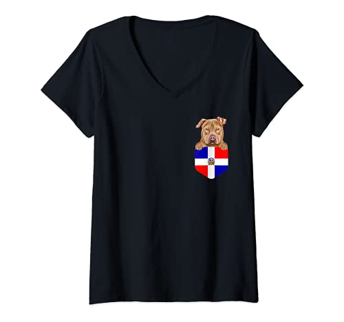 Womens Dominican Flag Usa Staffordshire Terrier Dog In Pocket V-Neck T-Shirt, Black