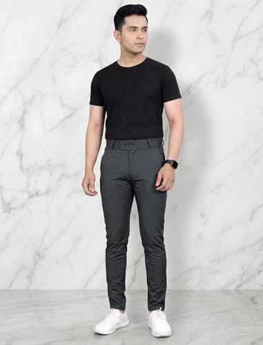 Image of MiraMichi Slim Fit Men's Formal Mid Rise Trousers - Solid Lycra Blend, Ideal for Formal Occasions, Stylish