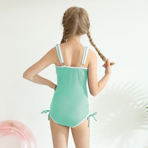 Image of Girls One Piece Swimsuits Ribbed Bathing Suit Teen Girls Adjustable Straps Drawstring Athletic Swimwear Swim Suit