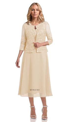 2 Piece Mother of The Bride Dresses Tea Length Lace Chiffon Evening Formal Wedding Guest Dress with Jacket