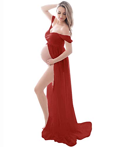 FEOYA Maxi vestido de maternidad de gasa vestido sin tirantes de encaje dividido frontal para mujeres embarazadas fotografía de longitud completa, rosso, M Cover