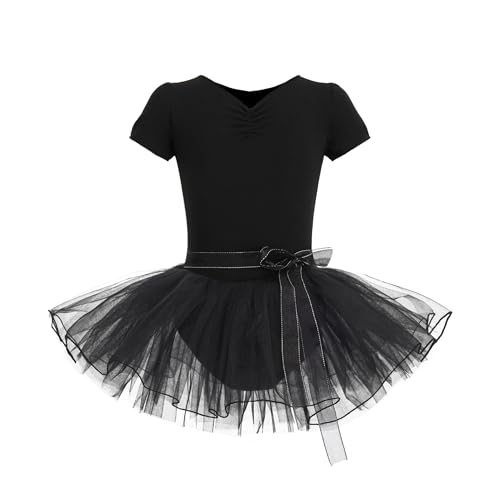HIPPOSEUS Maillot de Danza para Niñas Tutú Vestido de Ballet con Cinturón Manga corta Gimnasia Leotardos, STD1-Negro,4-5 Años