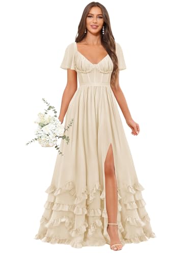 Image of Gjvgj Short Sleeve Bridesmaid Dresses for Women Chiffon Corset Ruffled Long Slit Formal Dress