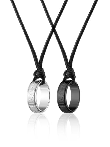 PiercingJak Partner Kette Wikinger Edelstahl Runen Ringe Anhänger mit Lederkette für Herren Frauen Halskette Pärchen Paar Lederhalsband Nordische Schmuck Amulett Geschenke für Männer Damen