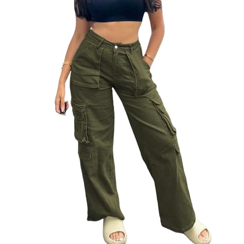 Womens High Waisted Cargo Pants Wide Leg Pants with Pockets Casual Solid Color Trousers