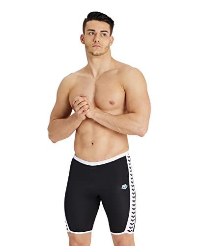 ARENA Men's Icons Solid Swim Jammer MaxLife Athletic Swimwear Professional Training Swimsuit Trunks Knee Length Sports Bathing Suit, Black/White Logo, US Size 26