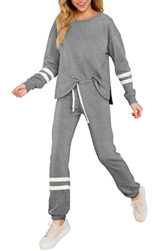 Women\'s Loungewear Long Sleeve Outfit Elastic Cuffs Tops Comfy Pajama Set Grey S