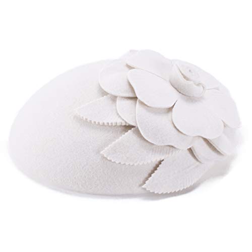 Lawliet Autumn Winter Beret Hat Flower Wool Fascinator Hat Gatsby Style Hair Pillbox Hat Lady Cocktail Wedding Party Dress Fedoras (Ivory)