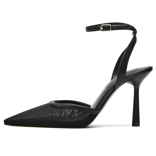 Brown Mesh Heels For Women Pointed Closed Toe Ankle Strap Wedding Party Stiletto Slingback Pumps
