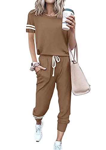 Image of PRETTYGARDEN Women Summer Two Piece Outfits Striped Short Sleeve Pullover and Long Pants Tracksuit Travel Pajama Lounge Set