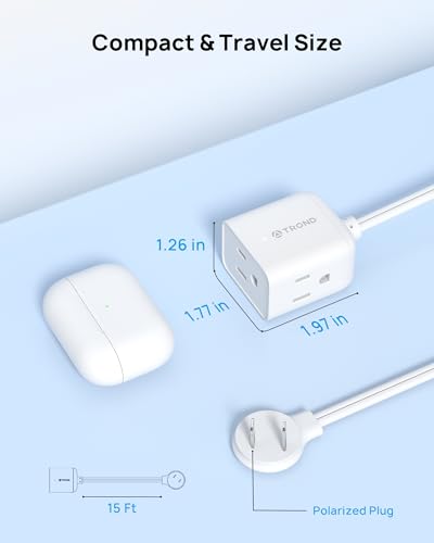 Image of TROND Indoor 2 Prong to 3 Prong Extension Cord - Polarized Flat Plug 3 Outlet Extension 15ft, 16 Gauge Cable, 1625W for Non-Ground Socket in Old House School Home Office Kitchen Dorm Room, White