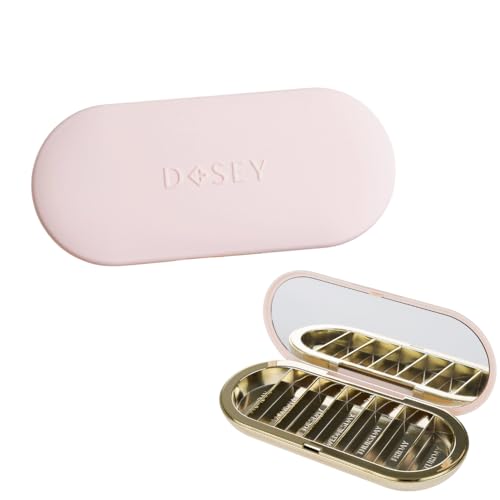 Dosey Compact Travel Pill Organizer - Pill Case with 7 Compartments for Medicine Storage & Protection Stylish & Elegant Medication Organizer with Mirror Blush