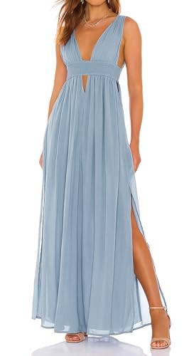R.Vivimos Boho Dress for Women Sexy Deep V Neck Sleeveless Hollow Out Backless Casual Side Slit Maxi Dress - Main Image