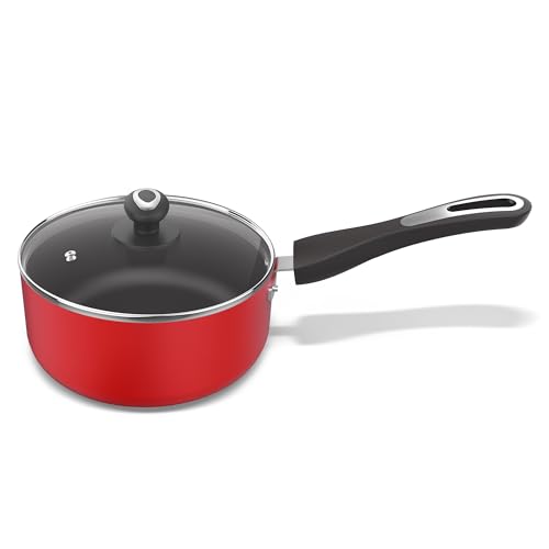 Image of Preethi Dura Collection Non Stick Milk Pan | 16 cm | 5 Star Non Stick | Gas & Induction Compatible | Chilly Red | 1L | 1 Piece | Aluminium