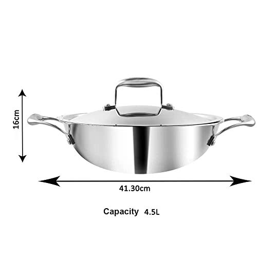 Vinod Platinum Triply Stainless Steel Kadai with Lid - 4.5 L, 30 cm | 2.5mm Thick Base, Even Heating No Hotspot, Less Oil Healthy Cooking, Heavy Bottom Induction Cookware Kadhai for Cooking & Frying