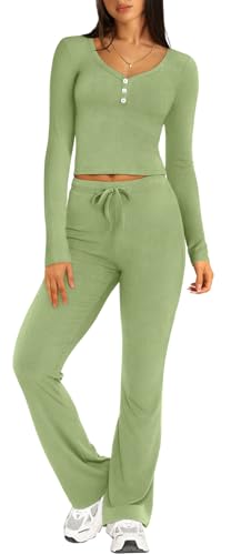 RUBZOOF Conjunto de 2 piezas para mujer, de manga larga, casual, pantalones acampanados, ropa de descanso cómoda, Verde claro, X-Small