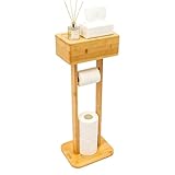 Mqwdxzfes Portarrollos de papel higiénico de bambú, organizador de baño de pie libre con caja de almacenamiento, soporte para rollos de papel higiénico sin taladrar, soporte para rollos de inodoro con