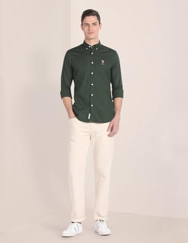 Image of U.S. POLO ASSN. Solid Tailored Fit Cotton Shirts for Men - 100% Cotton, Full Sleeve Mens Casual Shirts - M, Olive