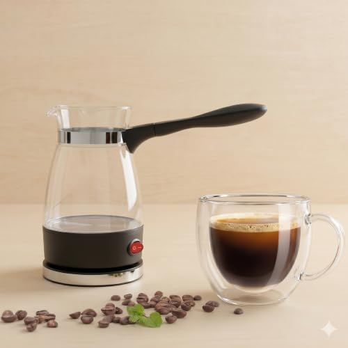 Image of Electric Turkish Coffee Maker Pot 500ML, Borosilicate Glass Coffee Warmer with Heat Resistant Handle, Fast Heating Milk Warmer & Tea Boiler for Home Office Travel Electric Kettle (Glass)