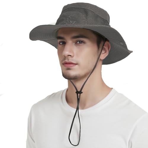 Sombrero de Pesca Hombre Transpirable Sombrero para El Sol Safari con Protección UV Gorro Pescador Plegable ala Ancha Correa de Barbilla