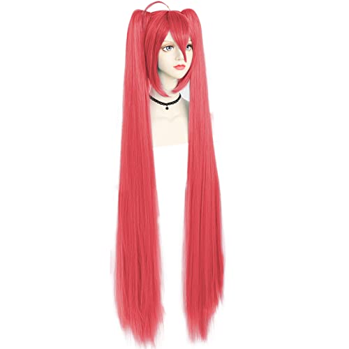ANOGOL Hair Cap + Dark Red Wig Long Straight Wig With 2 Clip-on Ponytails Cosplay Wig With Bangs for Cosplay Halloween Party Costume