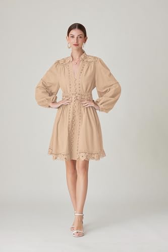 Image of LAI MENG FIVE CATS Women's V-Neck Elegant Lace Long Sleeve Lantern Sleeve Button up Casual Mini Dress