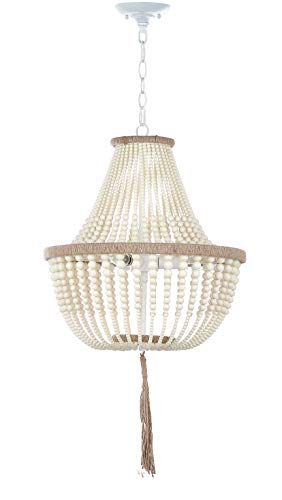 SAFAVIEH Lighting Collection Lush Kristi Boho Farmhouse Cream 17-inch Diameter 3-light Beaded Adjustable Hanging Pendant Light Fixture with Tassel (LED Bulbs Included) - Image 4