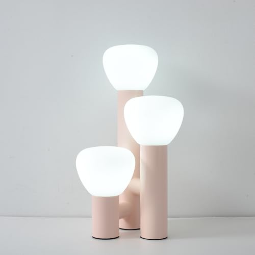 Modern 3-Light Table Lamp, Pink Metal Base, White Mushroom Shaped...