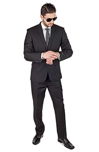 Slim Fit Men Suit Solid Black 2 Button Notch Lapel Flat Front Pants by Azar2
