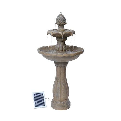 Image of XBrand 44 inch Solar Powered 2-Tier Water Fountain, Fiberglass Resin Outdoor Fountain with Solar Panel and Auto Shut-Off Pump