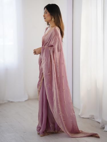 Image of AKHILAM Women's Shimmer Tissue Embroidered Saree With Unstitched Blouse Piece