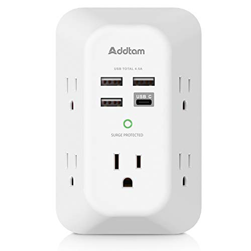 Addtam Surge Protector Outlet Extender with 5 AC and 4 USB Ports, 4.5A