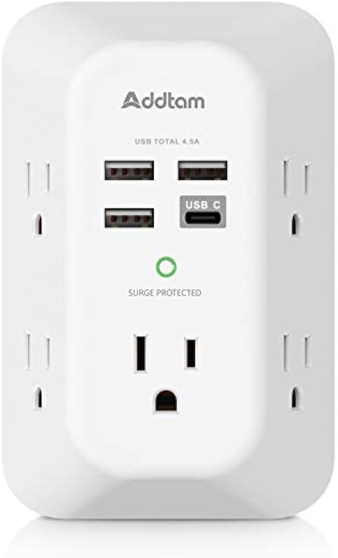 USB Wall Charger Surge Protector 5 Outlet Extender with 4 USB Charging Ports ( 1 USB C Outlet) 3 Sided 1800J Power Strip Multi Plug Outlets Wall Adapter Spaced for Home Travel Office ETL Listed