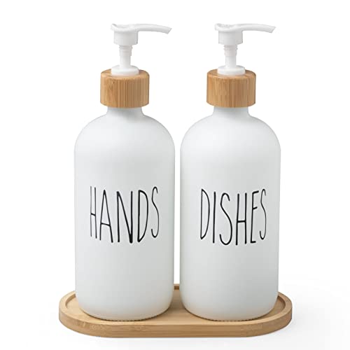 Image of Hand Soap Dispenser Set, 480 ml Bathroom Soap Dispenser Set Glass with Wooden Tray & Pump, Soap Dispenser Set for Kitchen Bathroom (White + White)