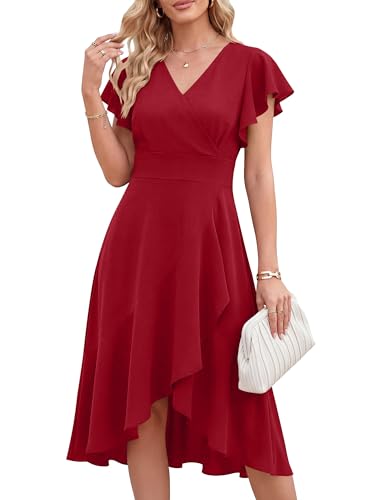 ANRABESS Womens Cocktail Dress Semi Formal Wedding Guest Wrap Midi Dresses Summer Western A Line High Low Ruffled Dress Red X-Large